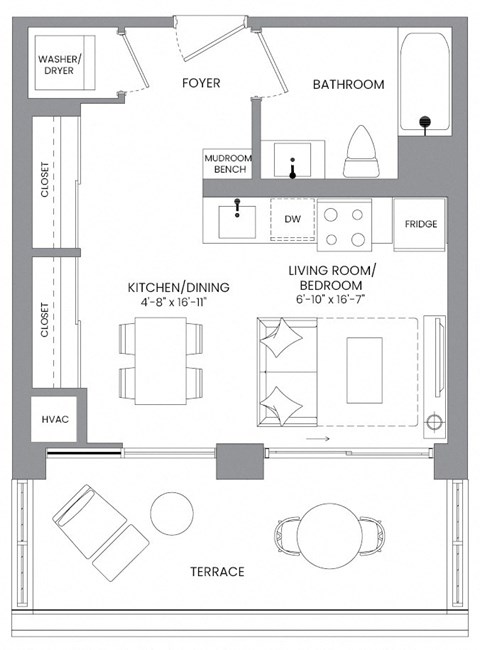 Floor plan for studio, 1 bath, 397 sqft
